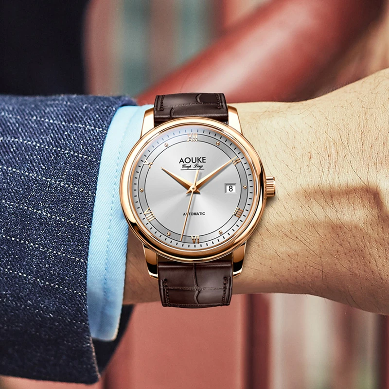  AOUKE men watch automatic self wind watches mechanical luxury wristwatches leather band reloj class