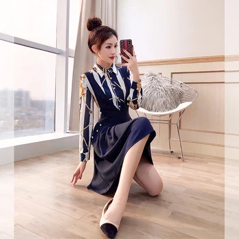 

Autumn 2019 Dress Sexy Celebrity Print Single-Breasted Women Full Turn-Down Collar Night Club Body Con Party Dresses Wholesale
