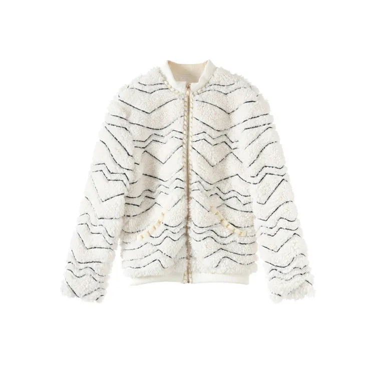 Brand Designer Winter Elegant Women Striped Imitation Lamb Hair Thick Loose Luxury Coat Female Christmas Cardigan Office
