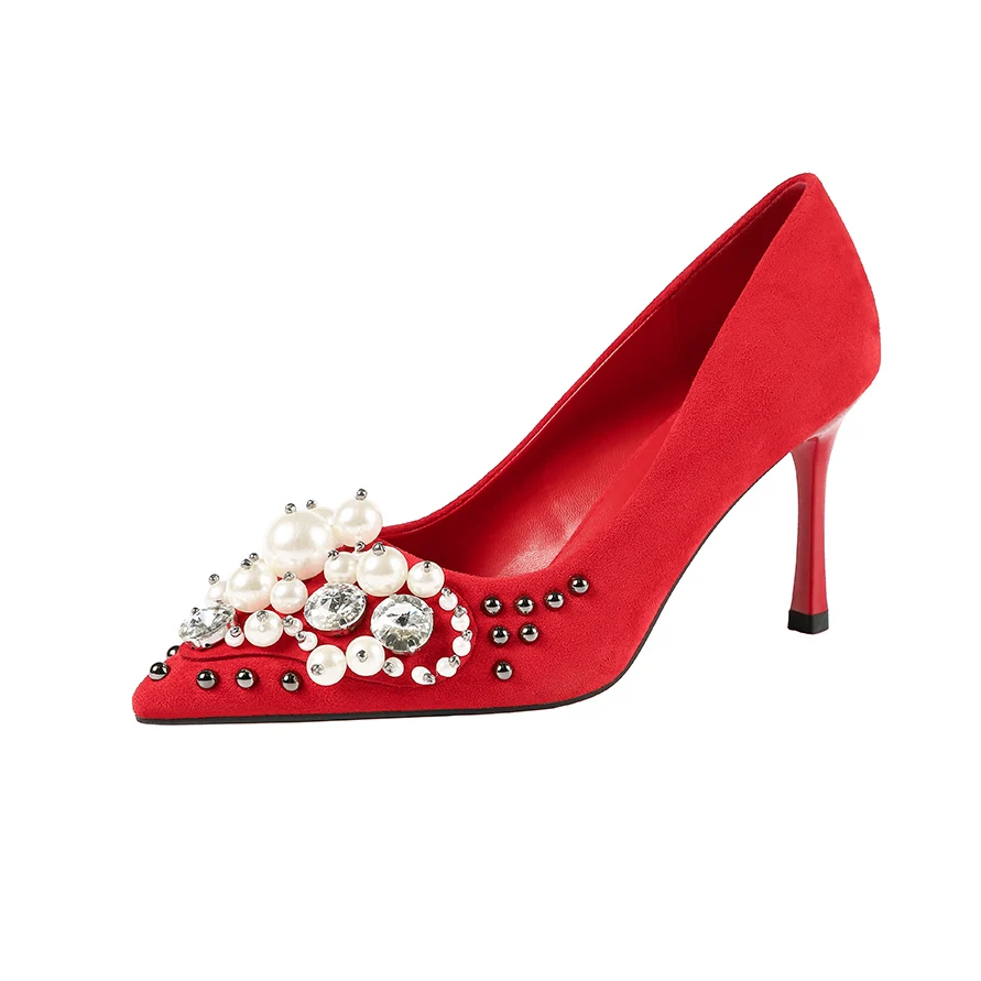

Grace suede shoes women pointy toe high heel red ladies pumps bling beaded diamond heels wedding fashionable shoes buty damskie