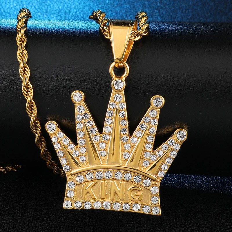 US7 Bing Iced out Crown KING ожерелья с подвесками для мужчин нержавеющая сталь кристалл хип хоп рэппер теннисная цепь крутые уличные ювелирные изделия