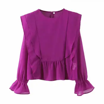 

women purple full puff sleeve shirts back zipper pleated tops ladies elegant office blouses