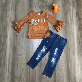 

baby Girl clothes girls fall/winter outfits ruffled t shirt top with jeans pants girls boutique clothes with bow