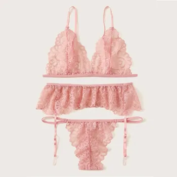 

Ladies Wireless Bra Thong With Garter Sexy Lace Mesh Sheer Pajamas Lntimate Female Underwear Lingerie Ladies Brief Femme Sets