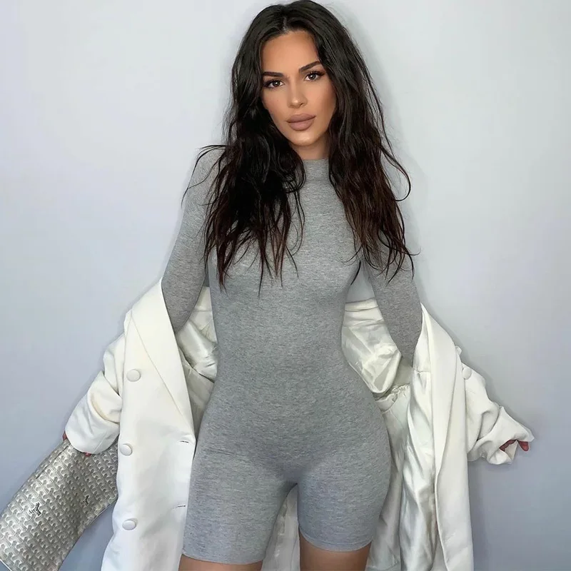 Mono de Fitness blanco negro gris para mujer, mono Sexy y manga larga con cuello redondo, pantalones cortos de motorista, monos Bodycon para mujer