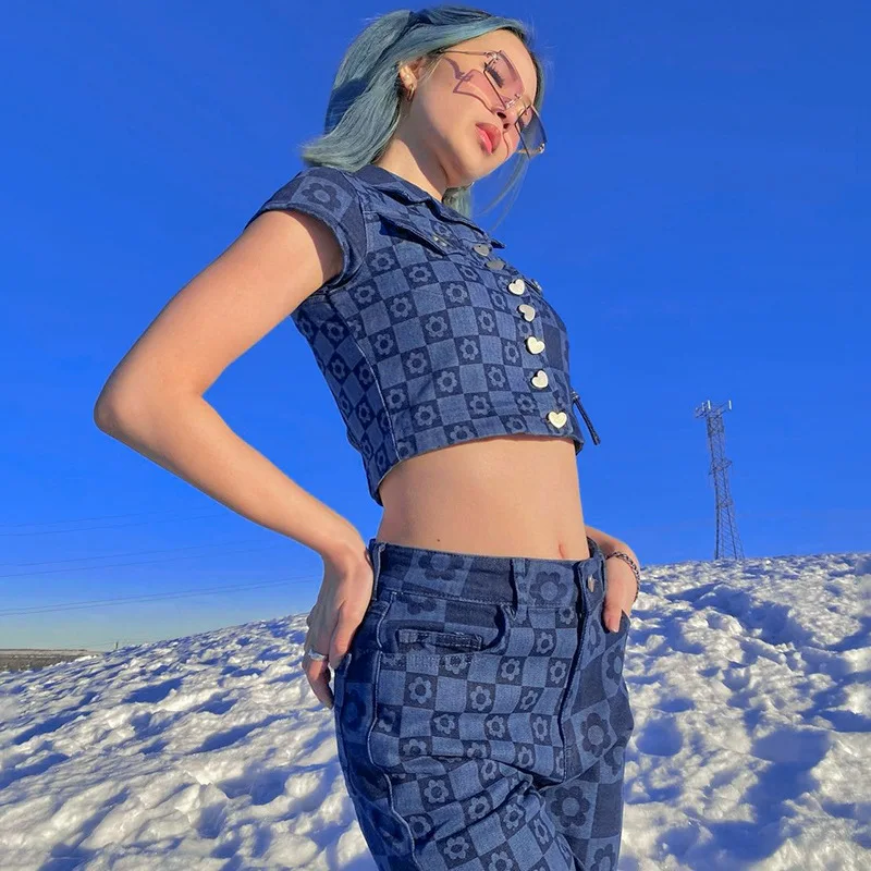 Women Denim Outfit Vintage Blue Crop Top And Wide Leg Pants Set JKP4789