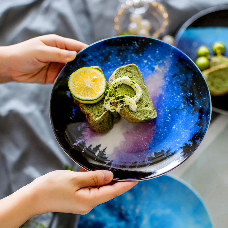 

Ceramic Starry Tray Bone Porcelain Flat Plate Western Steak Hand-painted Breakfast Dish Dinner Plate Nordic Style Tableware 1pcs