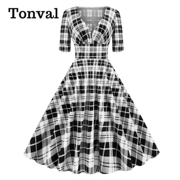 

Tonval White and Black Plaid Sexy V Neck Rockabilly Vintage Party Dress Spring Summer Women Half Sleeve Pin up Elegant Dresses