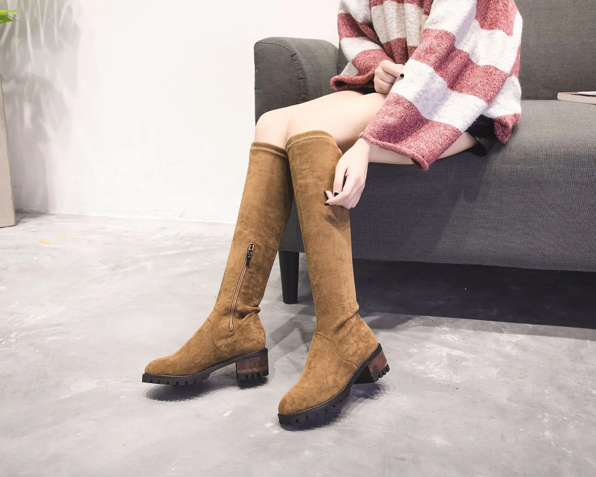 

Solid Sewing Square Heel Zip Long Boots for Women Casual Over-the-Knee High Fashion Autumn Winter Boots Round Toe Concise Shoes