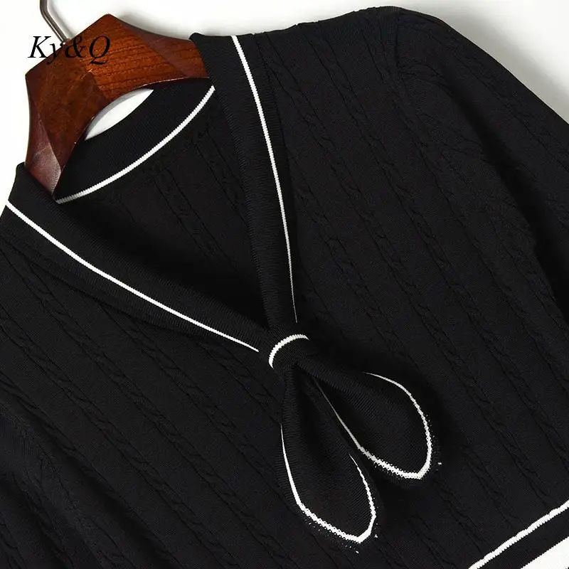 Runway Design Clothes 2020 Autumn Black White Button Elegant Luxury Bow Tie High Waist Ruffled Knitted Midi Dress Women Dress