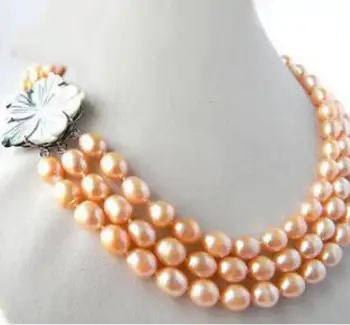 

Free shipping 3Strands 18'' 9MM Pink Rice Freshwater Pearl Necklace