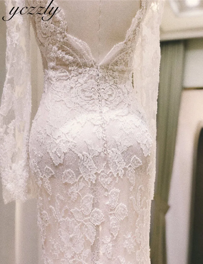 Vestido De Novia Sirena сексуальное кружевное свадебное платье с v-образным вырезом и русалочкой с длинными рукавами и открытой спиной свадебное платье с аппликацией цвета слоновой кости Vestido YW40