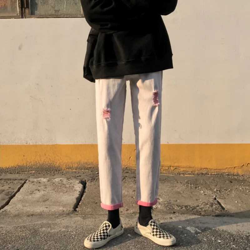 

Ripped Jeans Men's Fashion Washed Retro Casual Hole Straight Jeans Pants Men Streetwear Wild Loose Hip Hop Denim Trousers Mens