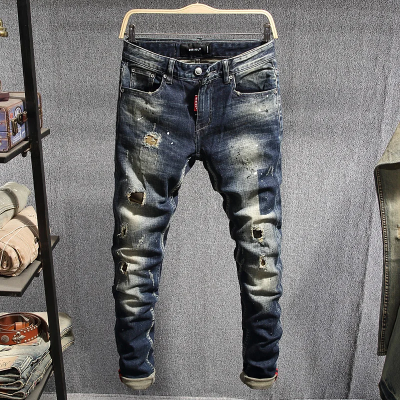 Italian Style Fashion Men Jeans Dark Blue Slim Destroyed Ripped Jeans Men Hip Hop Pants High Quality Streetwear Designer Jeans Italian Style Fashion Men Jeans Dark Blue Slim Destroyed Ripped Jeans Men Hip Hop Pants High Quality Streetwear Designer Jeans