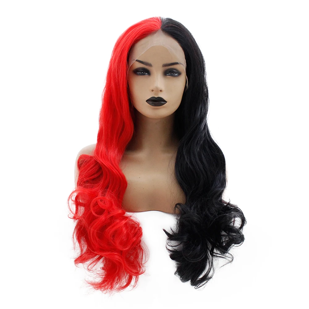 V'NICE половина красный половина черный цвет средняя часть кружева передний парик для женщин косплей Дьявол термостойкие 150% плотность