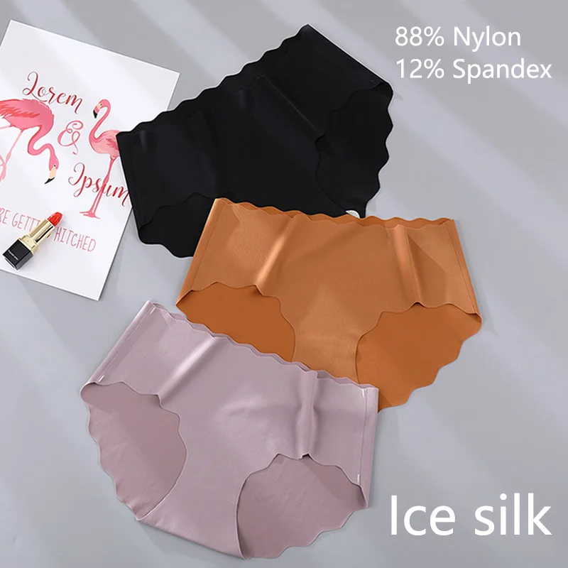 3Pcs Sexy Ruffles Panties Women Soft Seamless Briefs Ice Silk Breathable Underwear Ultra Thin Intimates Lingerie Solid M-XL New