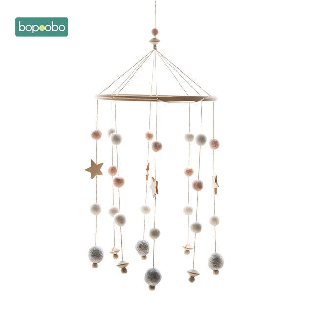 Bopoobo 1set Silicone Beads Baby Mobile Beech Wood Bird Rattles Wool Balls Kid Room Bed Hanging Decor Nursing Children Products Pink Ball