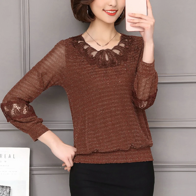 Cena Wiosna 2020 zima Plus rozmiar kobiety odzież koronkowa koszula topy wycięcie podstawowe kobieta elegancka, długa rękaw koronkowe bluzki koszule 5XL 952F