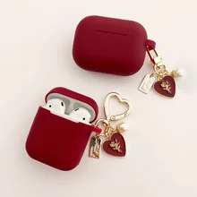 Vintage Roses Pearl Keychain Wine Red Silicone Earphone Case For Apple Airpods 1 2 Pro 3 Bluetooth Headset Cover Sweet Cute