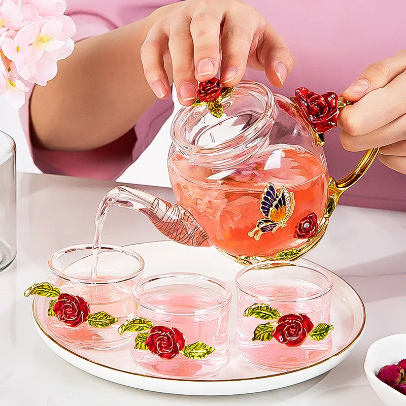 Красная роза, эмаль, Хрустальный цветочный стеклянный чайник для горячих и холодных напитков, домашняя посуда для напитков, офисный чайник для воды, чайный набор, кофейник
