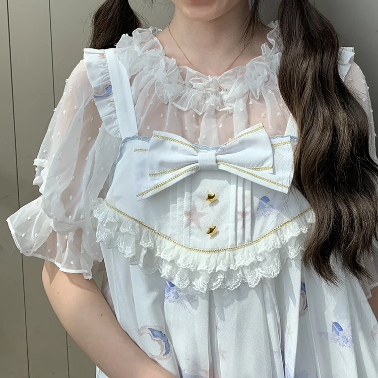 

2019 Summer Cute Women's Lolita Lace Shirt Puffy Sleeve Half Sleeve Blouse Polka Dots Tops Girls Transparent Slash Neck