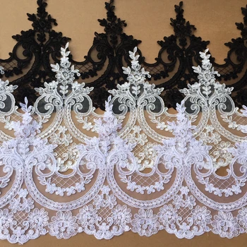 

26 cm White and Black Embroidered Floral Lace Corded Lace Trim For Wedding Bridal Dress or Bridal Veils, Trails