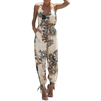 

Women's Spaghetti Strap Foot Neck Rompers with 2019 Floral Print Pockets Pants V Jumpsuit Summer Split Beam Jumpsuits