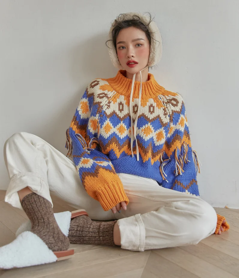 Neploe осенне-зимний свитер с кисточками женский с принтом водолазка короткий Pull Femme Chi элегантный пуловер 46566