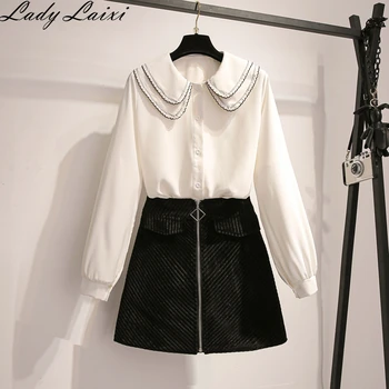 

Contrast Collar Long sleeve Blouse and pleated zipper Skirt 2020 Spring Summer Casual Sweet 2 piece Suit Sets