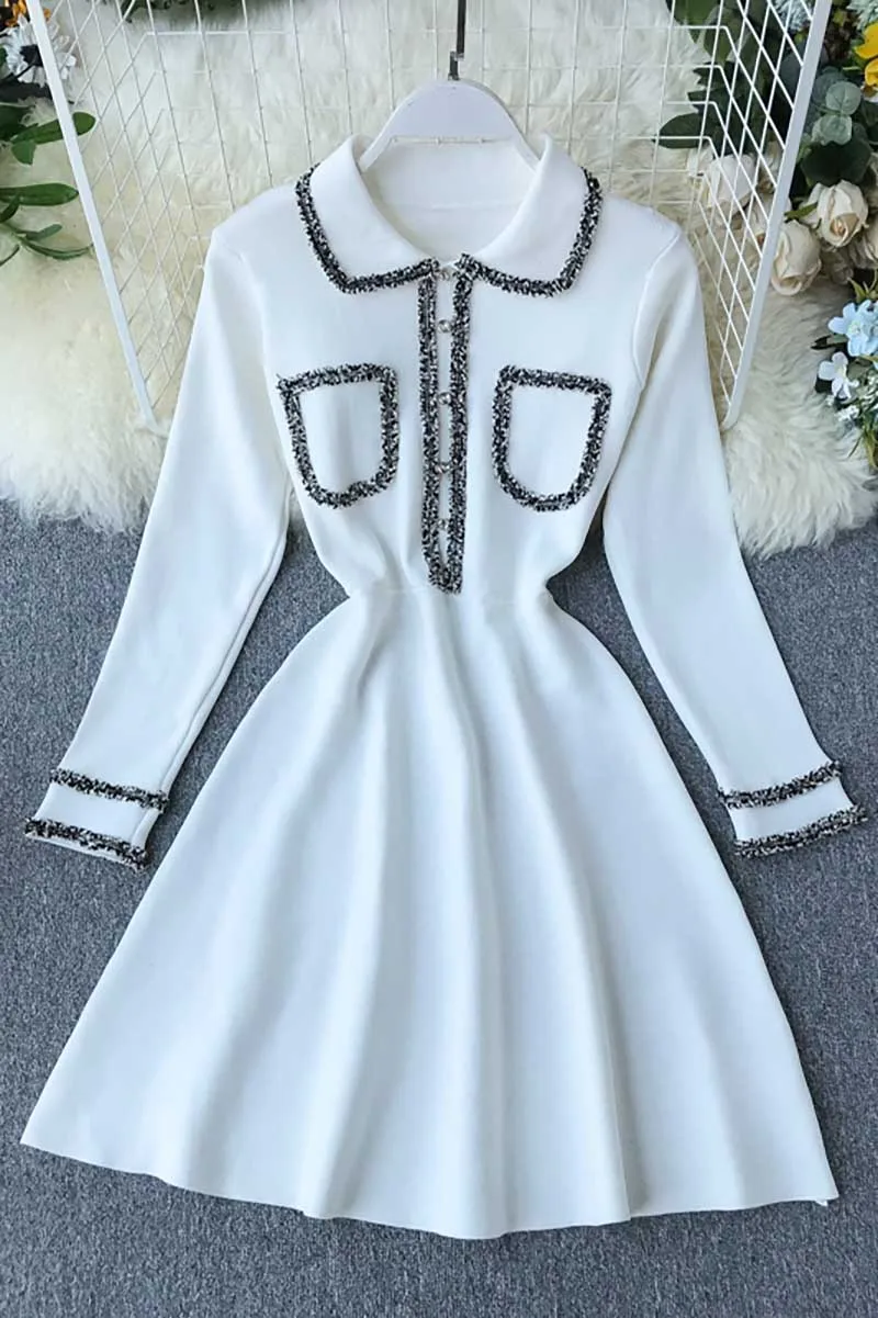 Осенне-зимнее платье черного цвета с отложным воротником и рукавом три четверти, белая женская одежда с кисточками и накладным карманом весеннее платье, большие размеры