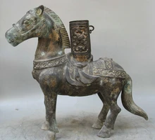 Voge פנינה S1765 16 "ישן סיני ברונזה פולק סיר אגרטל בעלי החיים גלגל המזלות שנה סוס פיסול פסל D0318(China)