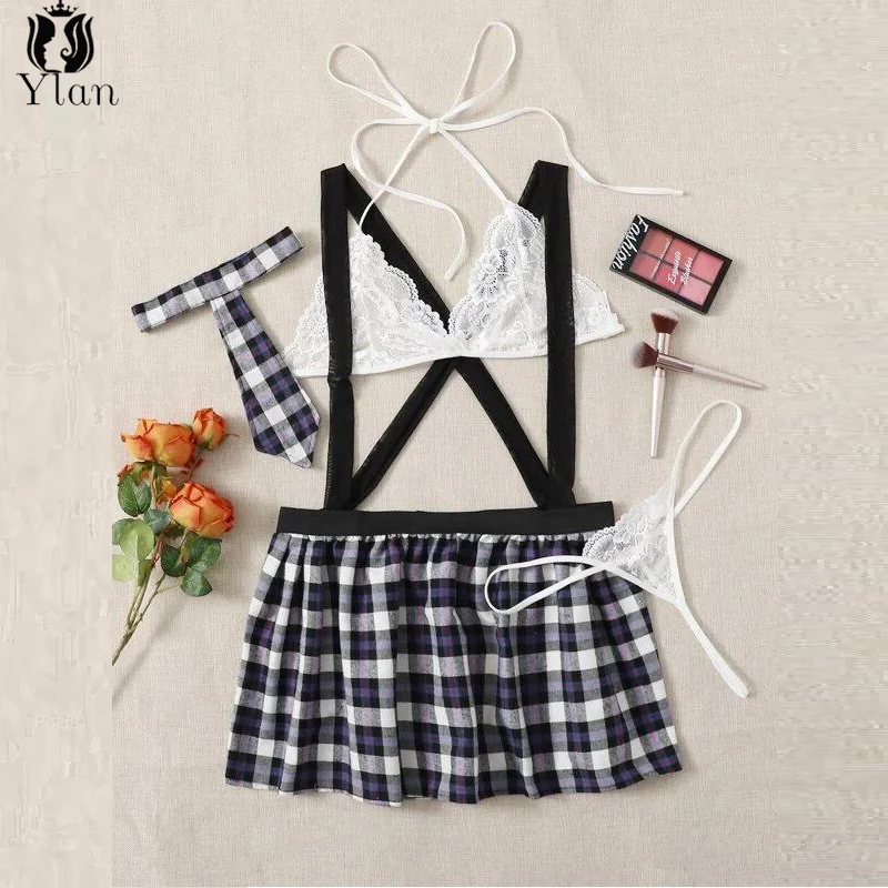 New Sexy Lingerie School Uniform Women Erotic Lingerie Cosplay Schoolgirl Costume Lace Bra Set Mini Skirt