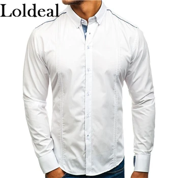

Loldeal Men Long Sleeve Shirt Fashion Solid Color Lapel Casual Slim Cotton Soft