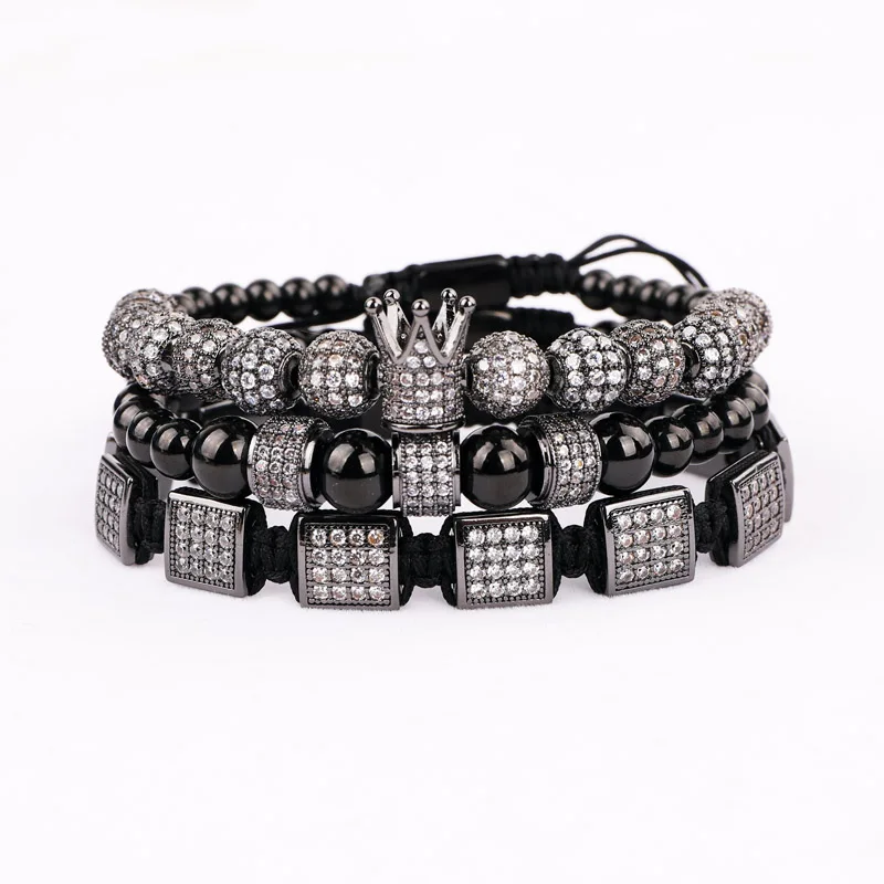 High Quality Luxury Men Jewelry Bracelet CZ Micro Pave Square Beads Crown Charm Adjustable Bracelet Set For Men - Image 4
