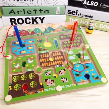 

new Magnetic Bead Pen Maze Farm Theme Parent-Child Games Puzzles Montessori Wooden Early Education Toys For Preschool Kids gift