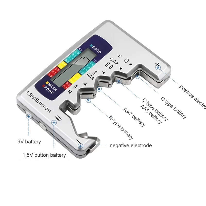 Универсальный тестер батареи, контрольный метр для AA, AAA, C, D, N, 1,55 в, 9 В, кнопочный сотовый лад