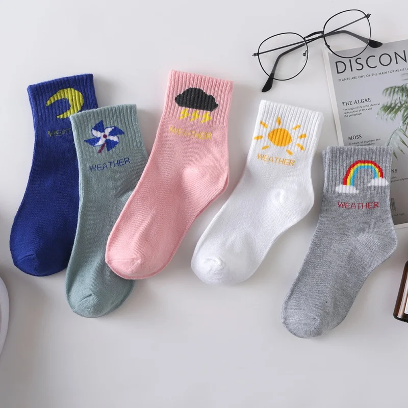 5 Pairs Women Cotton Socks Autumn Winter Sweat-absorbent Tube Weather Printing Warm | Женская одежда