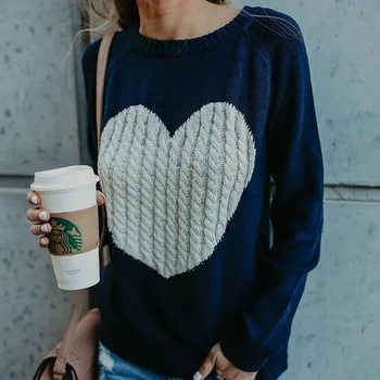 

Women Sweaters 2020 Autumn Winter Heart Pattern Printed Long Sleeve Tops O-Neck Lovely Pullovers Knitted Loose Sweaters