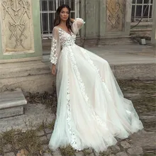 

Ivory Elegant 2022 Wedding Dresses Floor Length Lace Vintage Bride Dress V Neck Puff Long Sleeve Wedding Gowns Bohemian Casament
