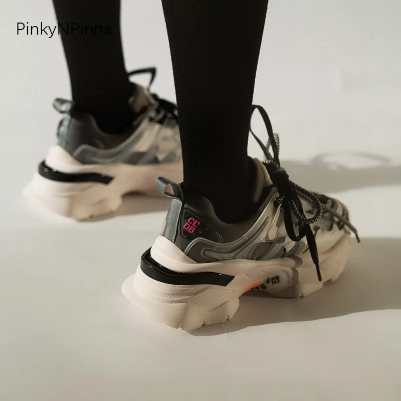 Очень трендовые женские кроссовки на толстой платформе; уличная школьная женская повседневная обувь; обувь из натуральной воловьей кожи