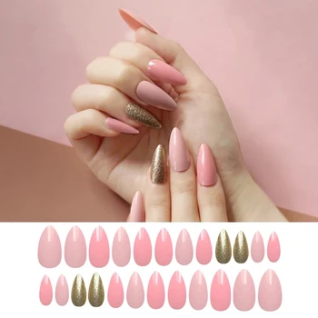 

False Nail Tips Art Decorations Tools Full Cover Fake Nails Kit Manicure UV Gel Polish with sticker 24 pcs Pink Gold Glitter