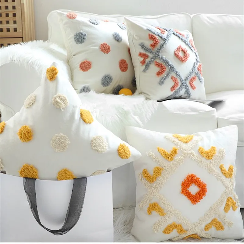 

Handmade Morocco Geometric Embroidery Pillow Cover Orange Grey Dot Wave Cushion Cover Decorative Pillow Case Pillow Sham 45x45cm