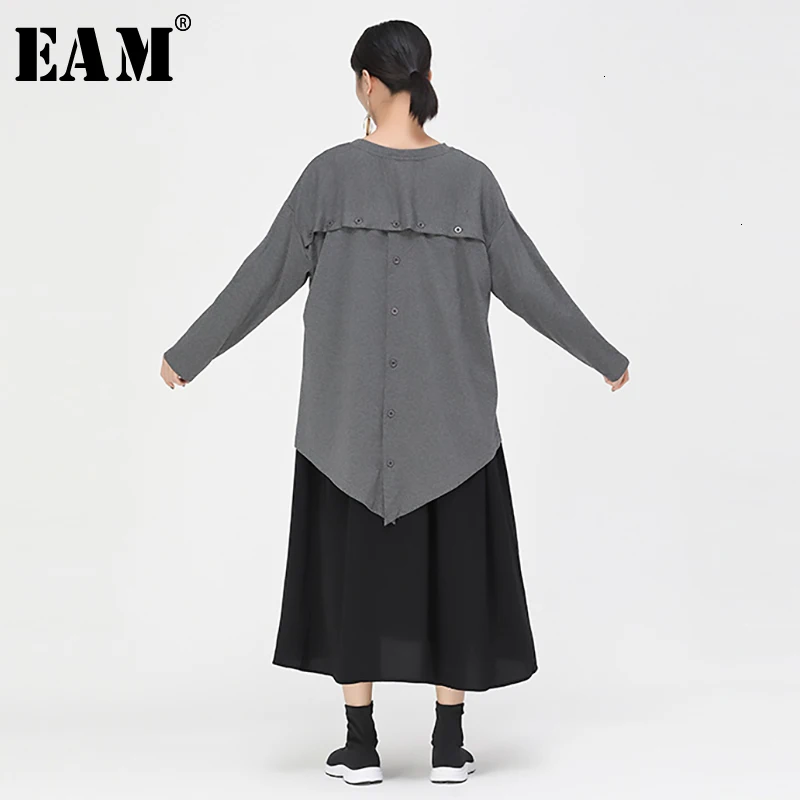

[EAM] Women Back Button Split Long Big Size Dress New Round Neck Long Sleeve Loose Fit Fashion Tide Spring Autumn 2019 1D950