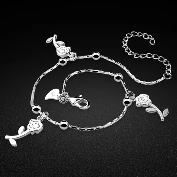 

Simple silver rose pendant anklet 925 sterling silver ankle jewelry cool sandals accessories original silver chain does not fade