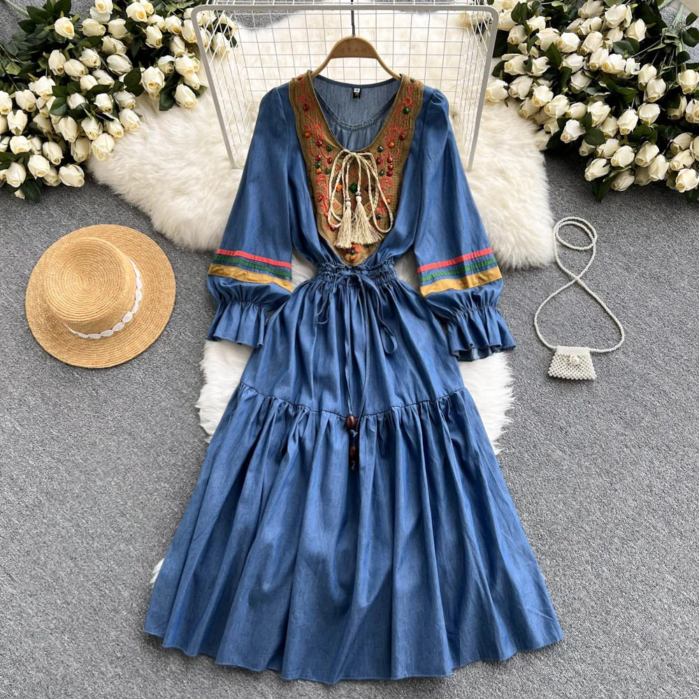 

Quality Embroidered Denim Dress 2022 Summer Autumn National Korean Pleated A Line Long Sleeve Cowboy Dress Women Jeans Dress