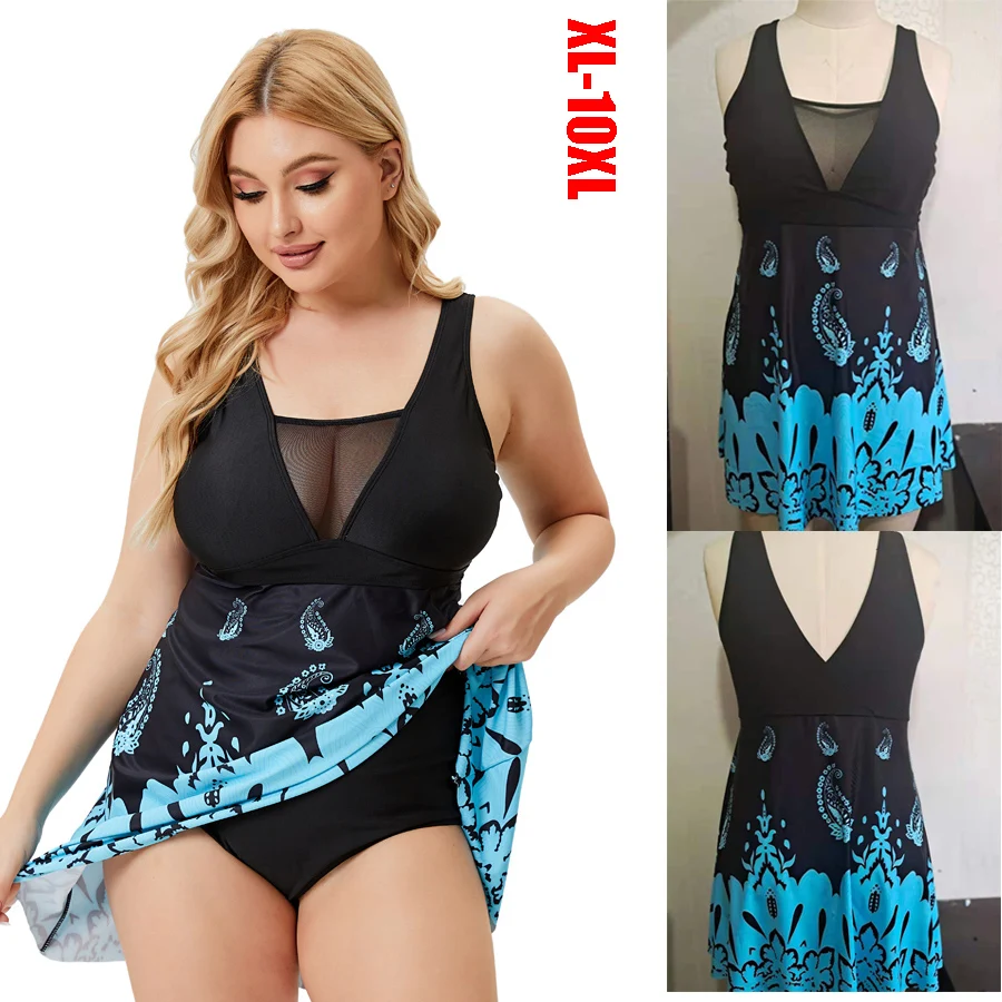 

New Super Large Size XL-10XL Printed Women Swim Dress V-neck Female Swimming Suits Big Swimdress Beachwear Ladies Bikini