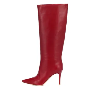 

Women Genuine Boots Leather Red Gray White Pink Over Knee Sexy Female Autumn Winter Lady Thigh High Heel Pointy Toe Long Boots