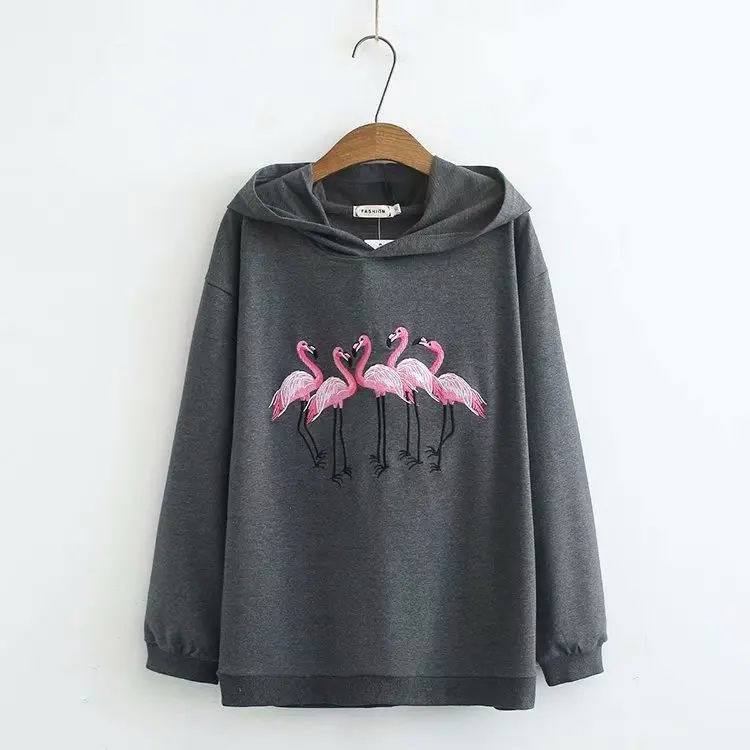 Plus Size Casual Sweatshirts Autumn Women Fashion Loose Long Sleeve Cranes embroidered Hooded Hoodies S48-2085 - Цвет: Темно-серый