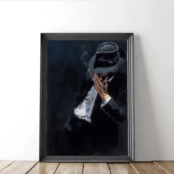 

Cool Man Handsome Figure Canvas Oil Painting Smoking Man in Black Suit Poster for Living Room Home Decoration Wall Art Painting