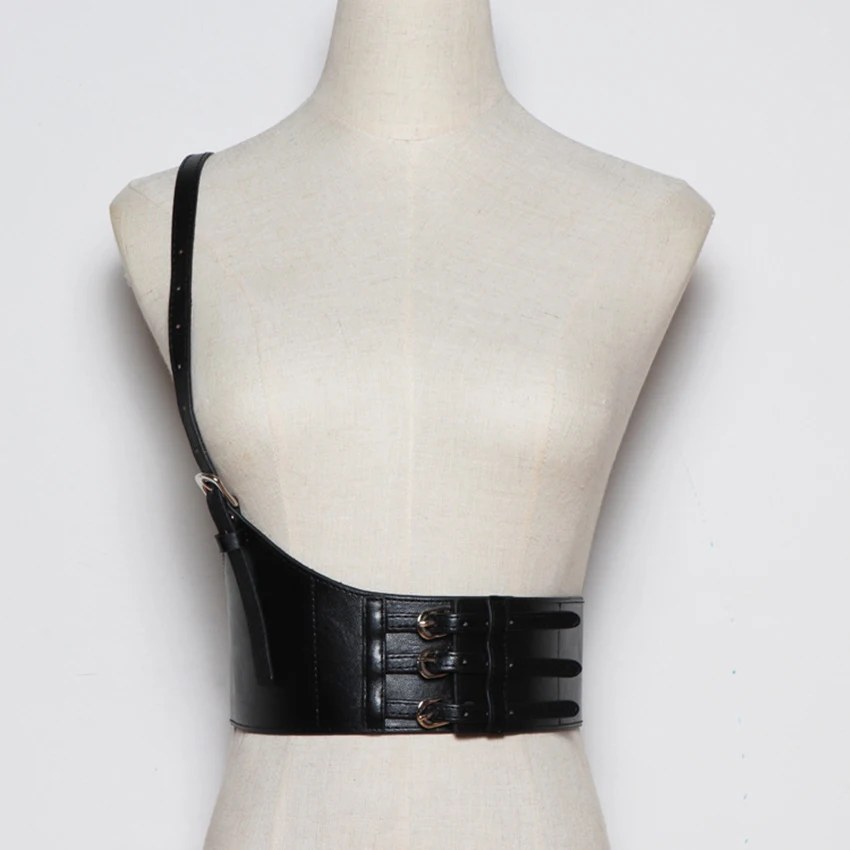 new-fashion-one-shoulder-black-waist-cover-women's-decorative-dress-shirt-with-leather-strap-style-personalized-vest-cosplay